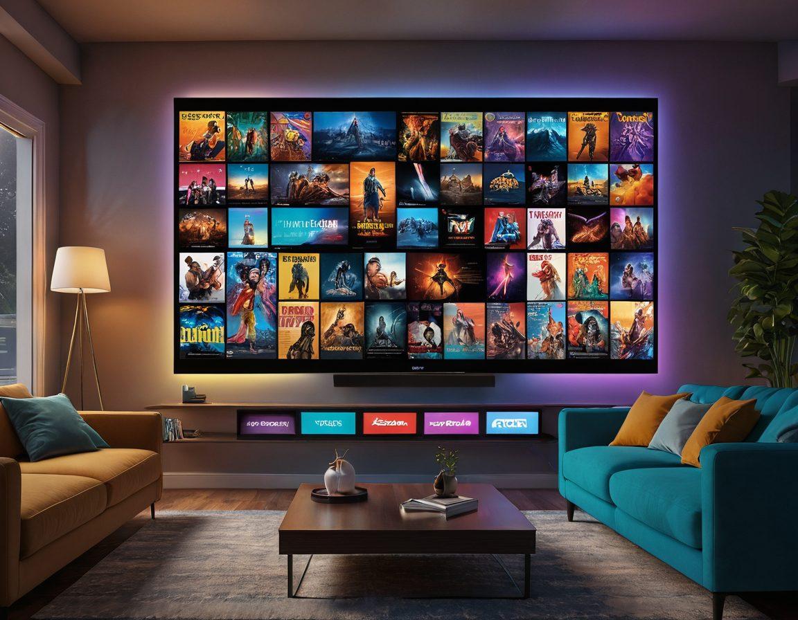 An artistic representation of a futuristic digital screen displaying a colorful watchlist overflowing with vibrant movie posters and reviews. In the background, a cozy living room setting with a sleek couch and ambient lighting, emphasizing comfort and entertainment. Floating holographic elements showing positive ratings and thumbs up symbols add a dynamic feel. The scene captures excitement and anticipation of watching films in a modern space. vibrant colors. 3D.