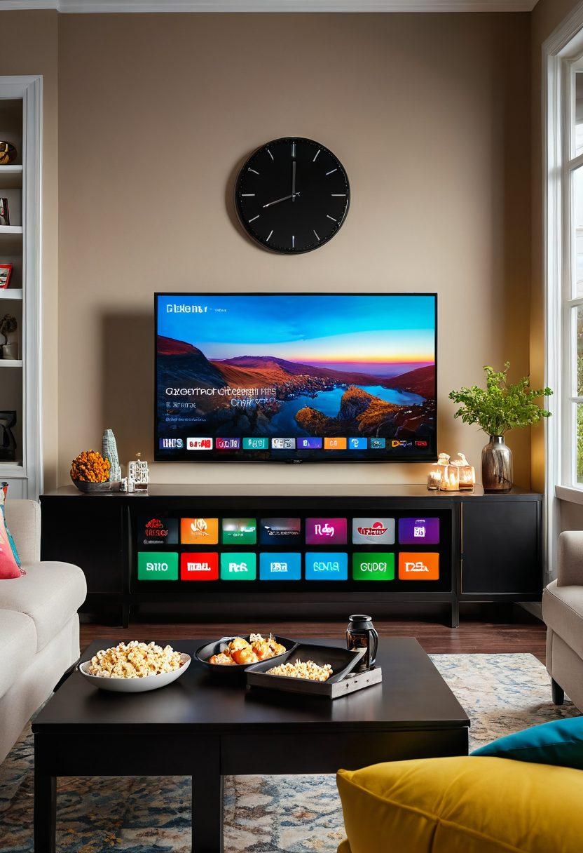 A cozy living room setting with a large flat-screen TV displaying vibrant scenes from popular streaming shows. A comfortable sofa adorned with colorful cushions, a bowl of popcorn on the coffee table, and soft ambient lighting that creates a warm atmosphere. Include a mix of streaming service logos subtly integrated into the decor. super-realistic. vibrant colors. cozy ambiance.