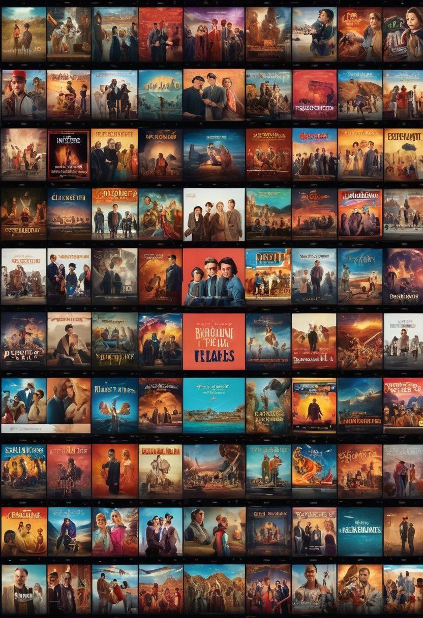 A collage showcasing iconic classic cinema reels on one side and vibrant thumbnails of the latest streaming releases on the opposite side. In the center, a diverse group of people with varying tastes engaging with screens displaying different genres. Background with digital elements symbolizing various streaming platforms, creating a seamless blend between the old and new. Captivating visual contrast with warm classic tones on one side and modern bright colors on the other. super-realistic. vibrant colors.